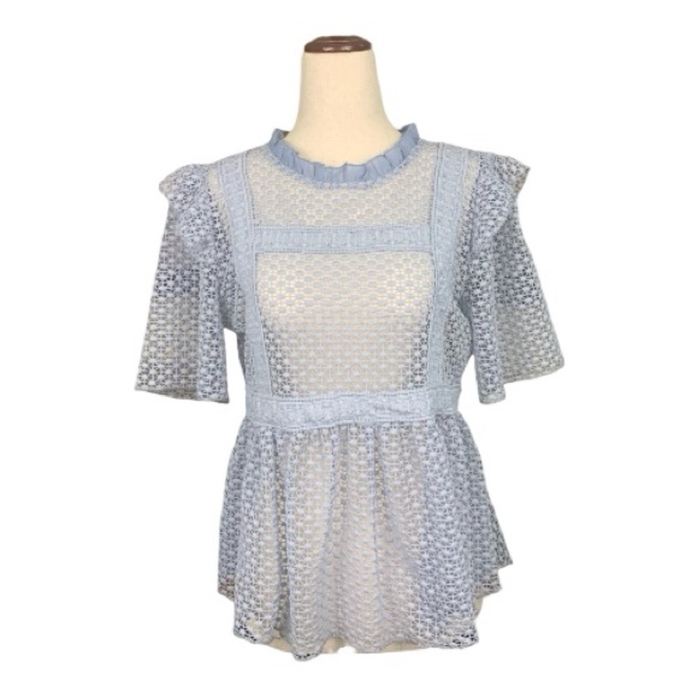 Chic Light Blue Textured Peplum Lace Sheer Ruffle Blouse Top Medium Feminine‎